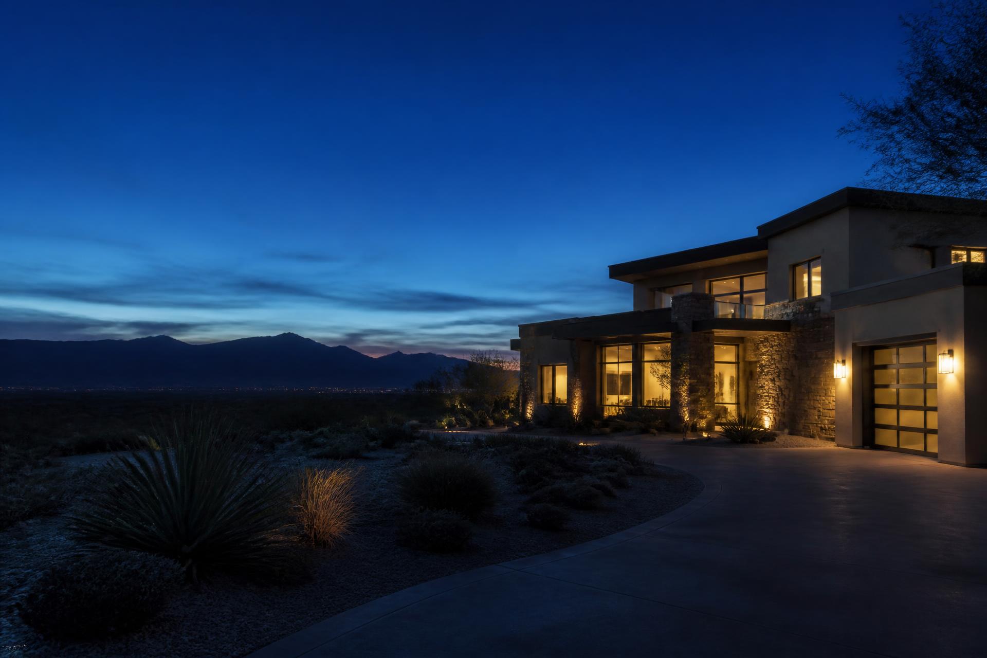 Modern home at blue hour with mountains in the distance